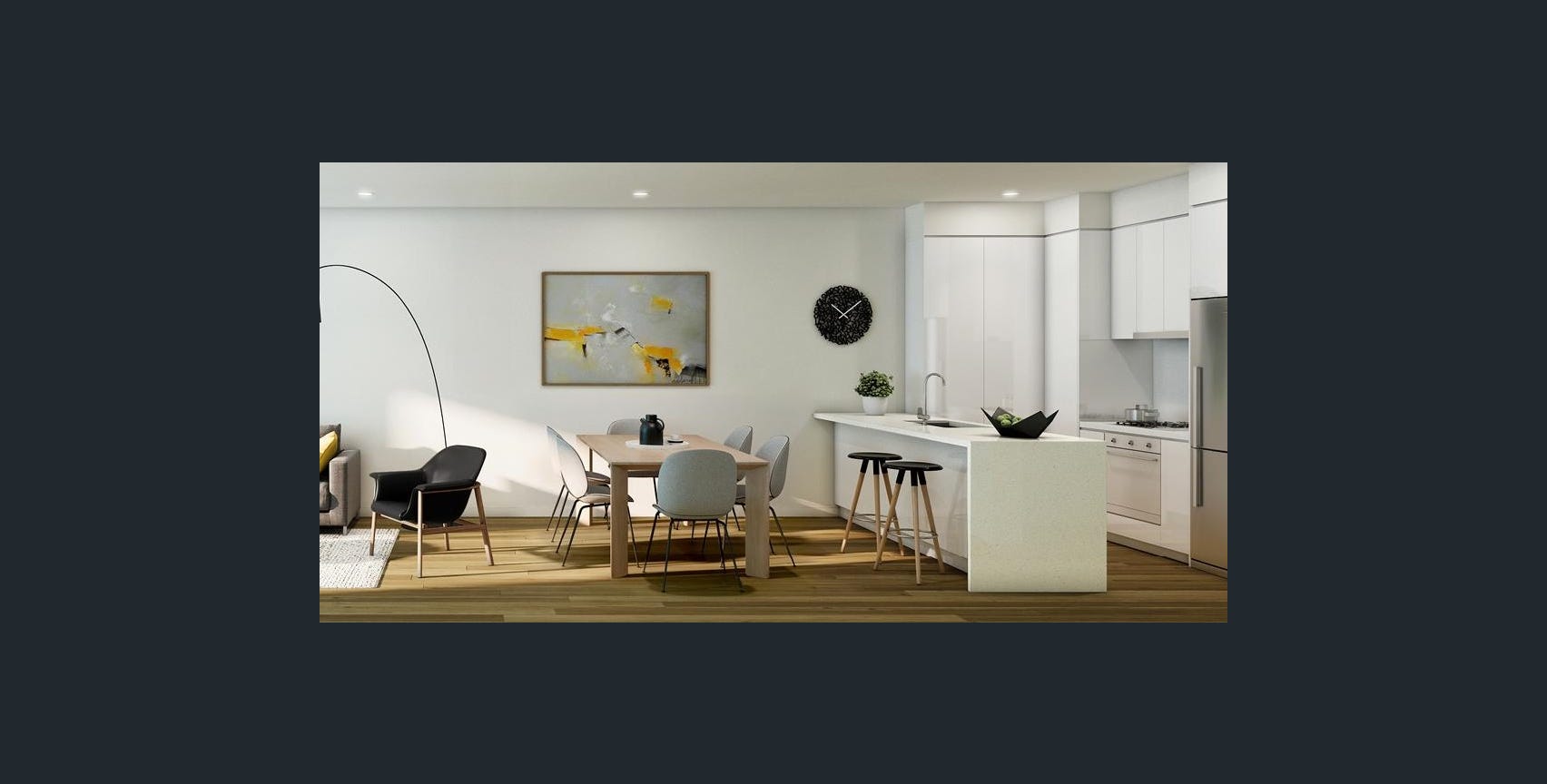Oscar stone kitchen island with open dining area, Bentleigh apartment
