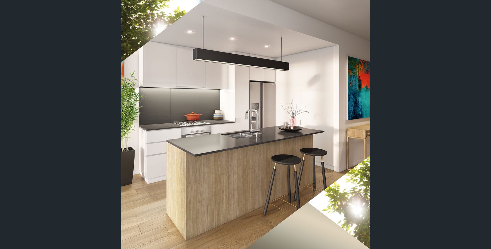 Cenza Grey stone kitchen island, feature kitchen, Bentleigh apartment