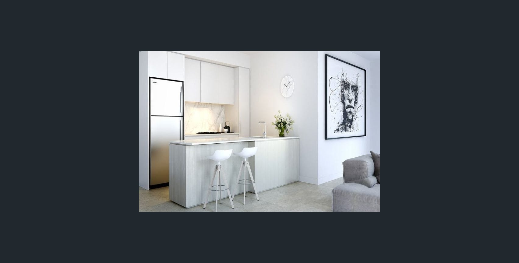 Oscar stone kitchen benchtop with marble-look splashback, Bentleigh apartment