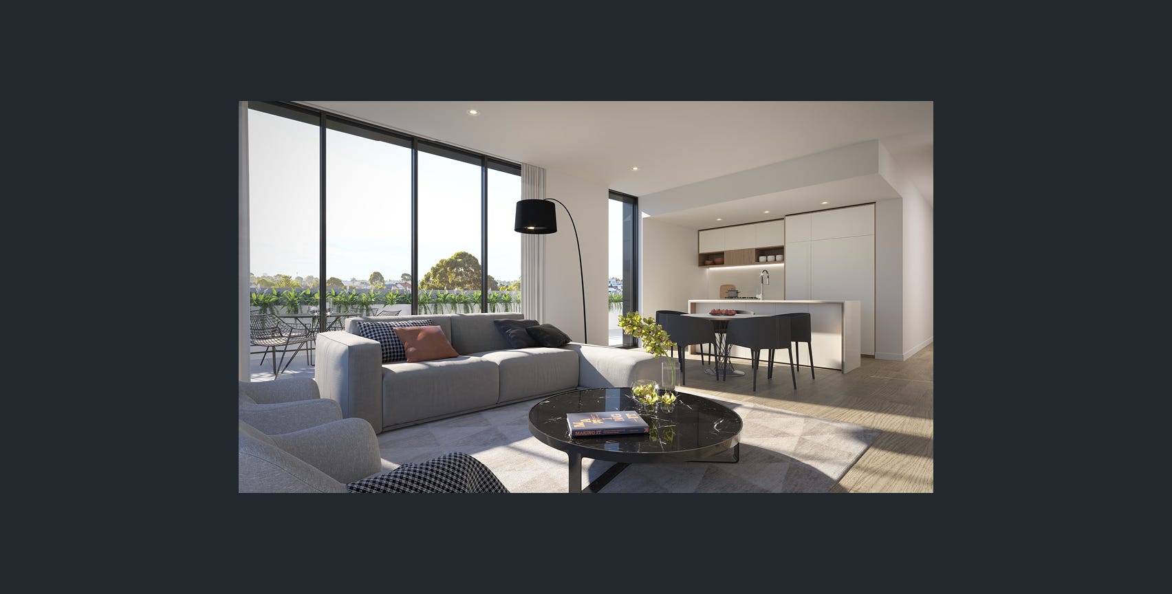Open-plan living and kitchen with stone benchtop, Bentleigh apartment