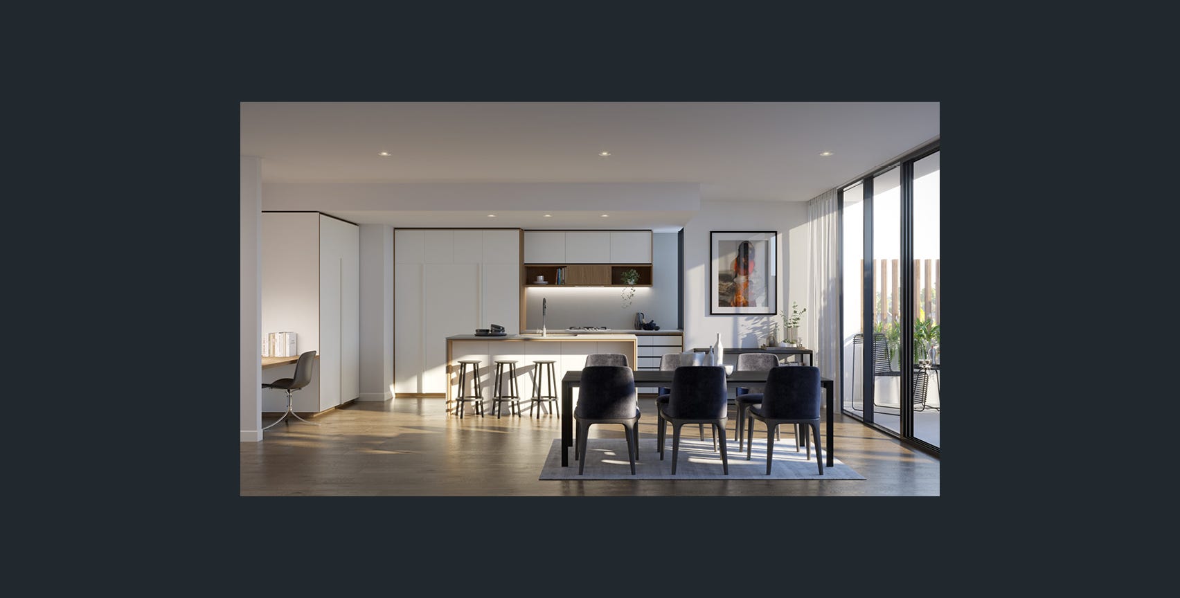Oscar stone kitchen island with dining area, Bentleigh apartment