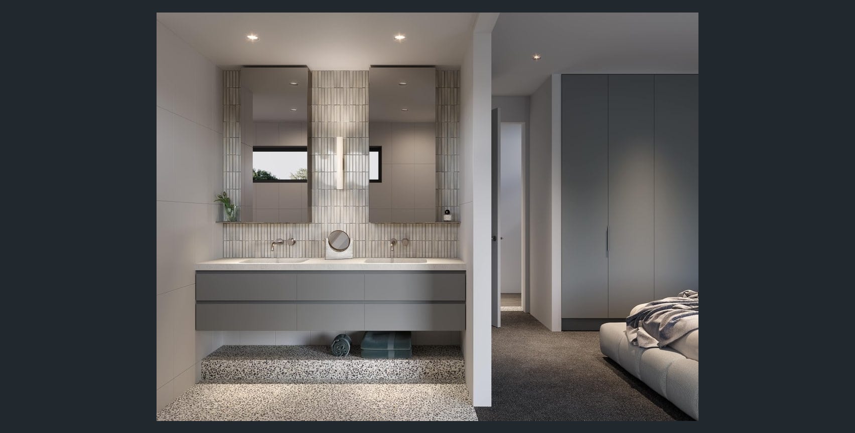 Calacatta Statuario double vanity with Terrazzo floor and step, Hampton bathroom