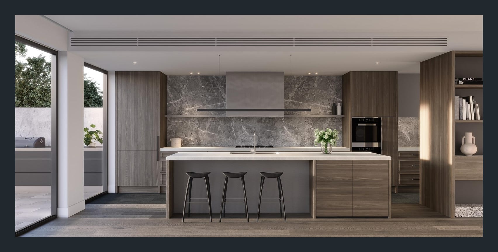 Tundra Grey stone splashback and Calacatta Statuario island benchtop, Hampton kitchen