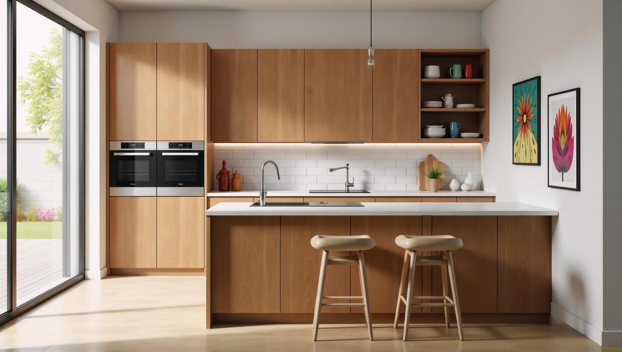 timber cabinet with stone benchtop